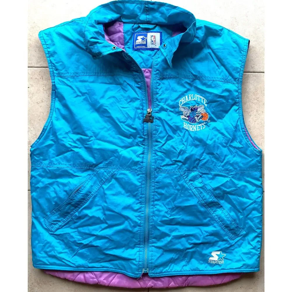Charlotte Hornets 90s STARTER Vest puffer jacket L teal purple NBA vintage